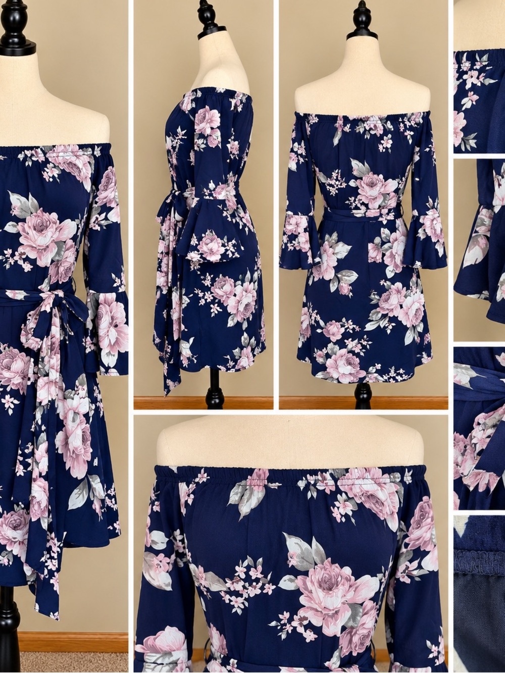 Amazon Navy Floral Off-Shoulder Mini Dress with Pink Roses
